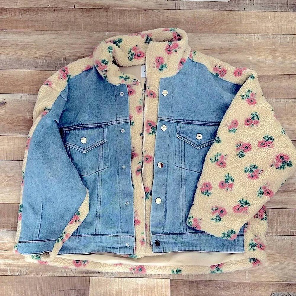 NEW MABLE women's floral sherpa denim jacket in light wash